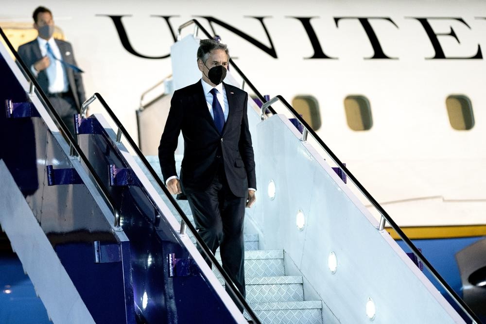 US Secretary of State Antony Blinken disembarks his airplane at Bangkok Don Mueang International Airport in Bangkok, Thailand, Saturday, July 9, 2022. (Stefani Reynolds, Pool Photo via AP)